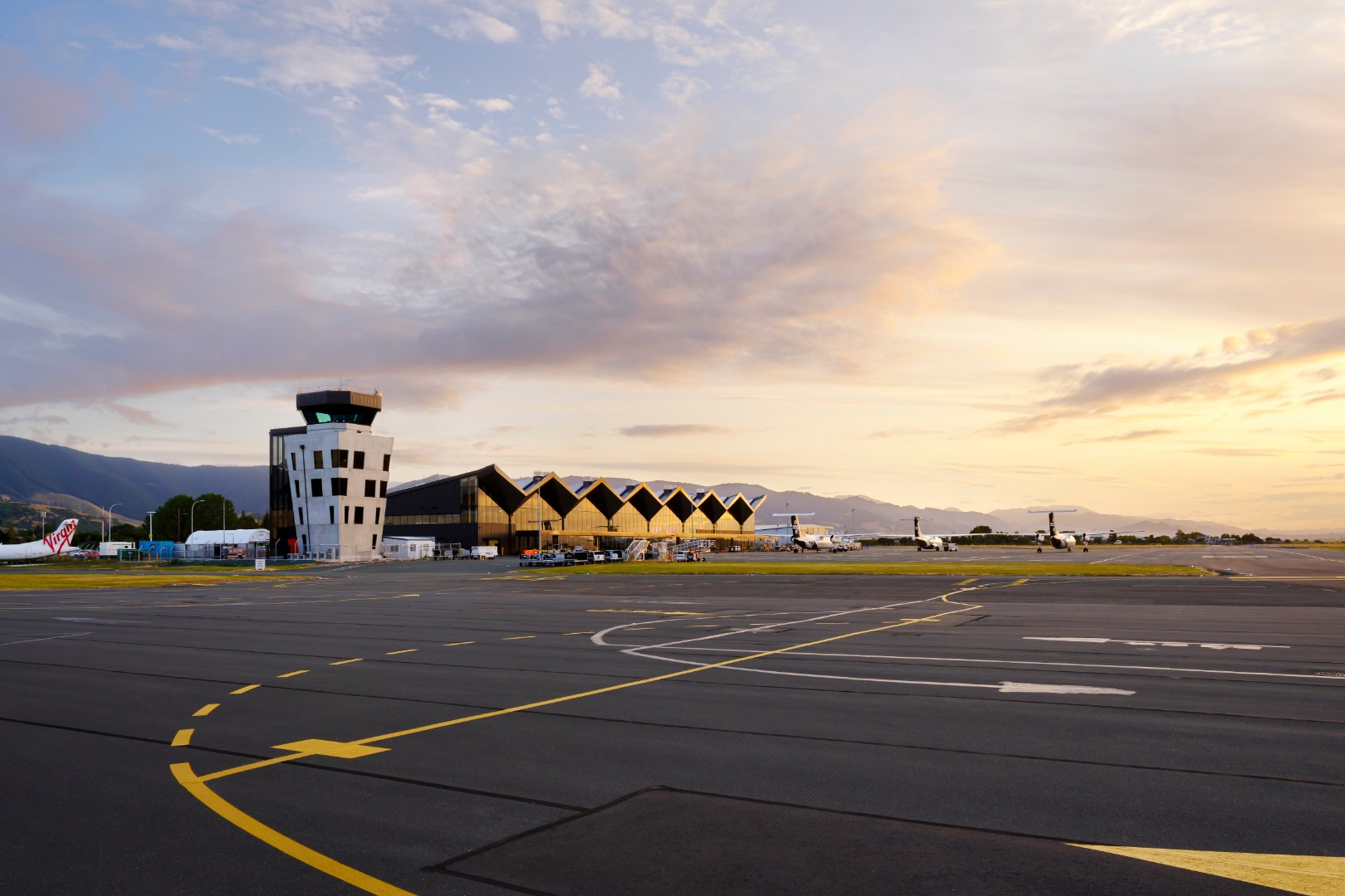 Nelson Airport Terminal, designed by Studio Pacific Architecture, viewed from the airport tarmac.