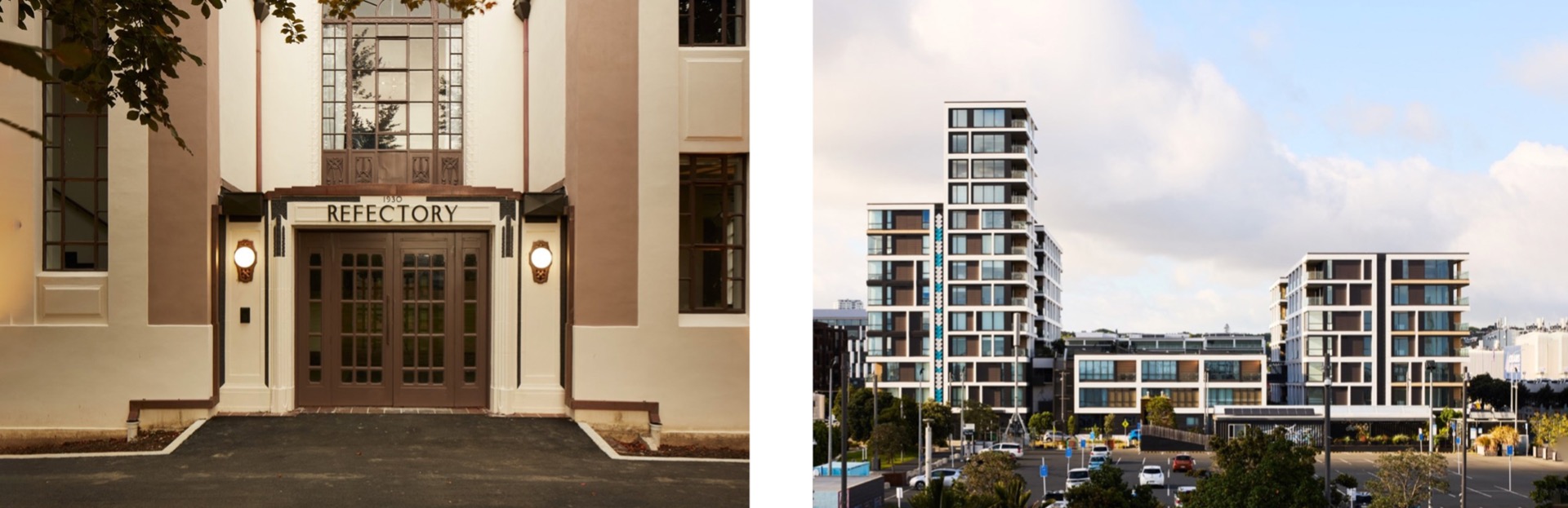 Massey Univeristy's Refectory Building (photograph by Thomas Seear-Budd) and 30 Madden (photograph by Jason Mann)