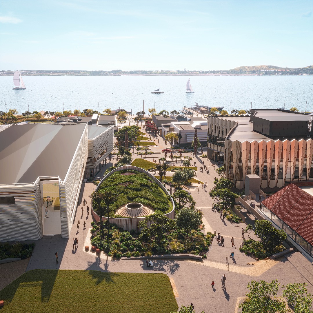 Site aerial visualisation overlooking Te Manawataki o Te Papa.