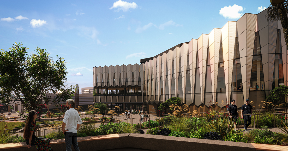 Visualisation of the proposed Library and Community Hub at Te Manawataki o Te Papa, designed by Studio Pacific Architecture.