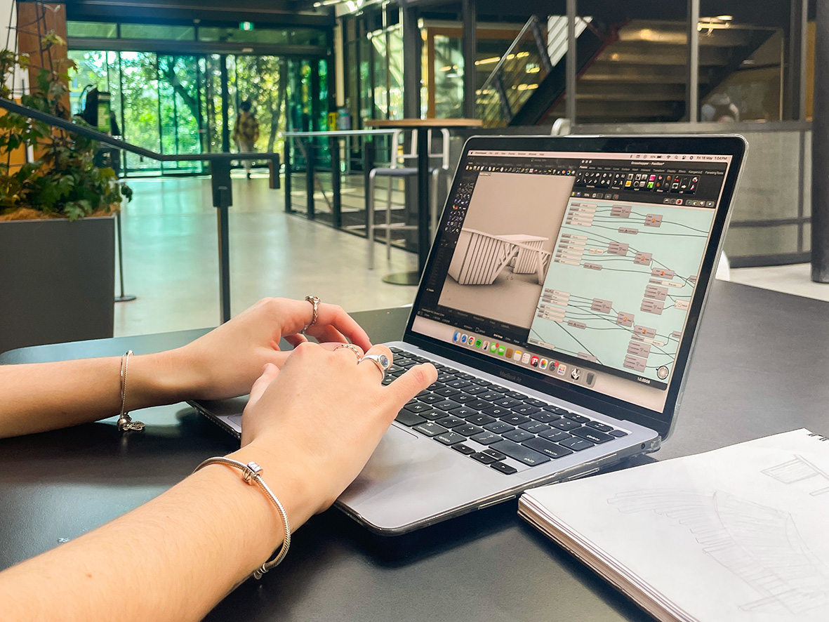 Working on her Whakatā mindfulness pavilion design for a first-year architecture course at Te Herenga Waka Victoria University of Wellington.