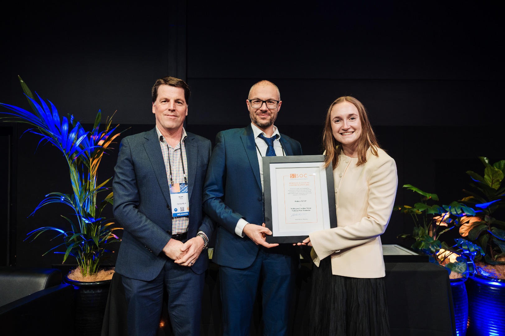 Panos and Julia receiving a 2025 SESOC Commendation in the Heritage and Culture category for the Seismic Strengthening of the National War Memorial Carillon